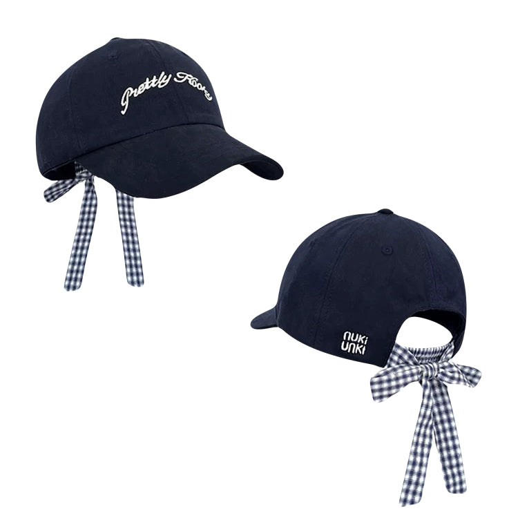 Ribbon Tie Letter Embroidered Baseball Cap Women Casual Hat with Gingham Bow Back